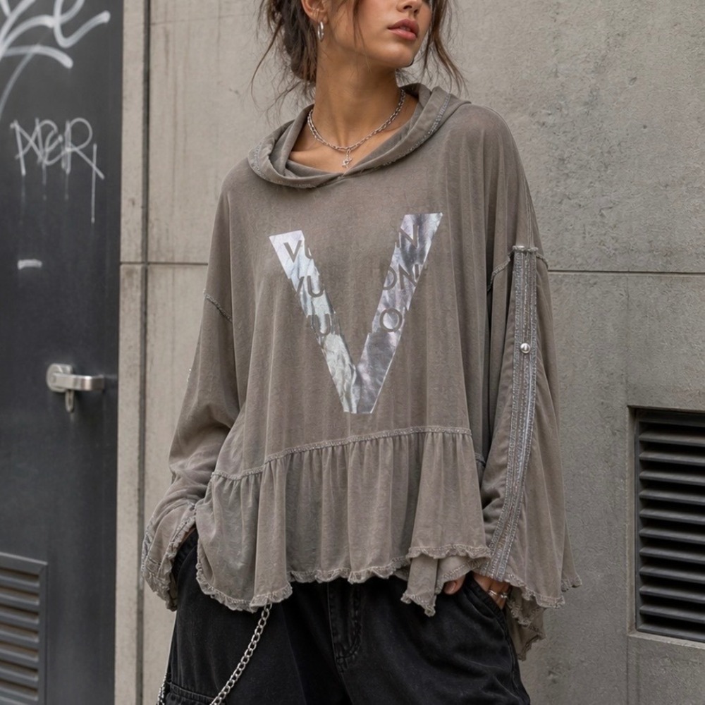 Boho Chic Silver Metallic V Graphic Hoodie OS‎ Peplum Roll Tab Made Italy Retro